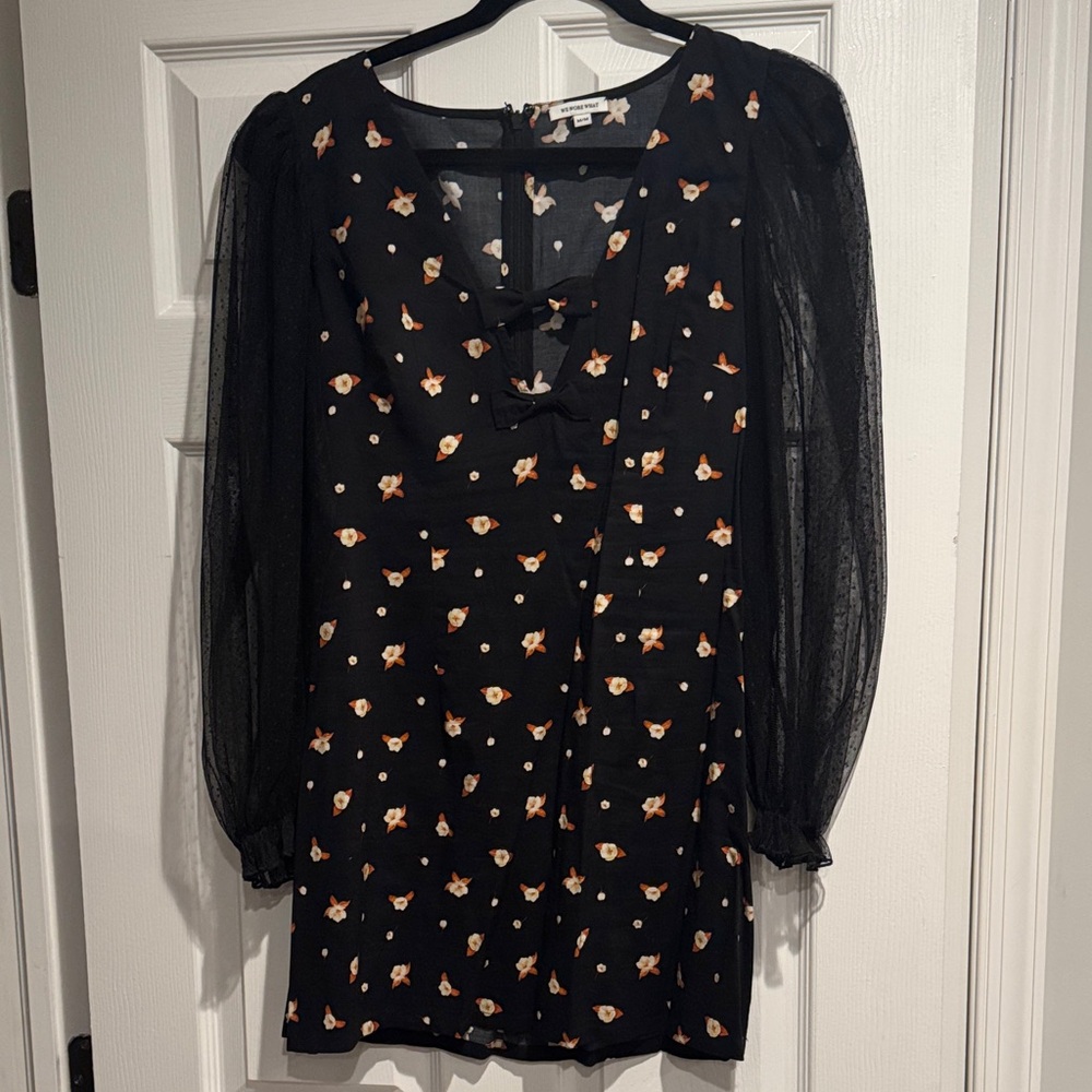 Floral Black Dress with Sheer Sleeves